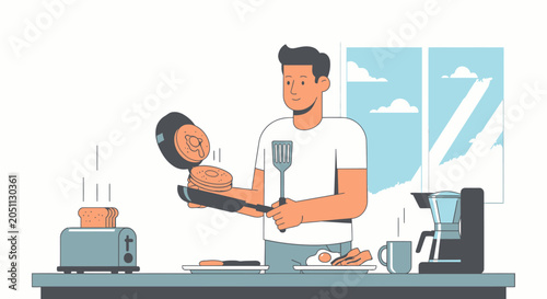 Young man cooking breakfast in modern kitchen with frying pan and coffee maker