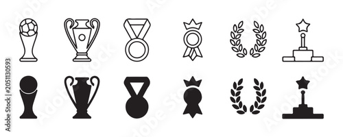 Schilderij op canvas Line art and solid sports awards icons for winner and championship isolated on transparent