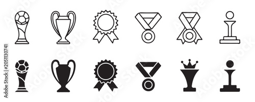 Schilderij op canvas Sports awards and winner icons in line art and solid styles for championship on transparent