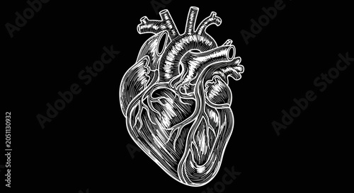Photos Detailed anatomical human heart illustration in black and white.