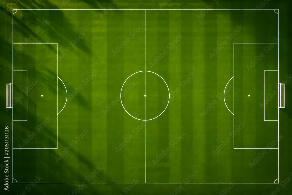 Obraz premium Aerial view of a green soccer field with white line markings and dramatic lighting