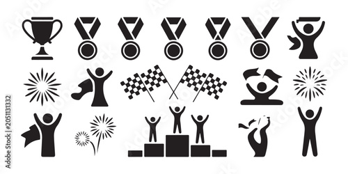 Cuadro en lienzo Sports championship icons set including trophy cups gold medals podium and winning person symbols