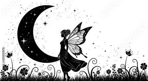 Photos Enchanting Fairy Silhouette with Moon and Stars.