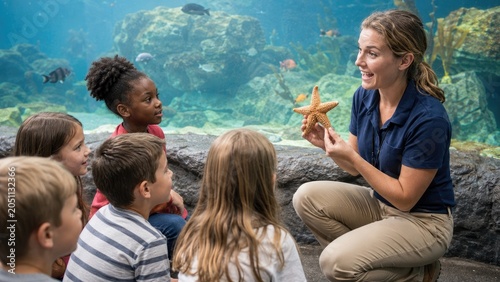 Aquarium educator shows a starfish to an attentive group of children beside a large touch tank