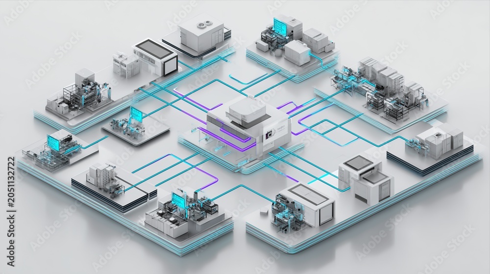 Fototapeta premium Smart Manufacturing Network Architecture with Connected Industrial Production Systems, Digital Factory Infrastructure, Automated Manufacturing Ecosystem and Industry 4.0 Technology Platform