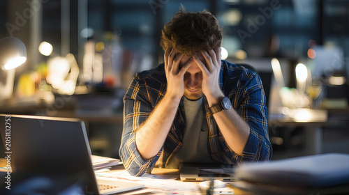 professional stock photo of a stressed office worker with head in hands at a messy desk. The workspace is cluttered with papers, files, and a laptop. Dramatic lighting highlights emotional exhaustion 