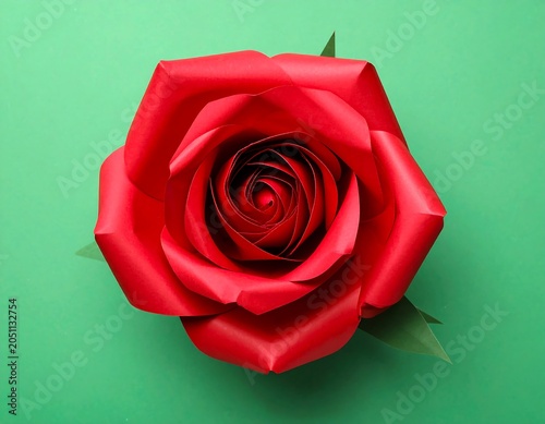 A vibrant, handcrafted paper rose of deep red hue, central petals tightly wound, set against a verdant background