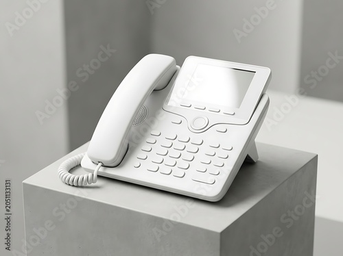 Modern white office desk phone on concrete block for business communication connectivity and corporate telecommunications mockup