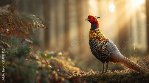 Colorful Male Pheasant Standing on the Ground in a Wild Field