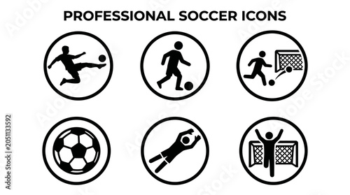 Collection of professional soccer icons depicting various actions and elements of the sport.