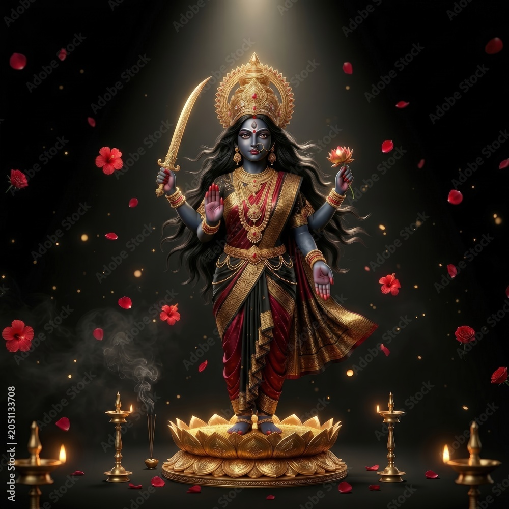 Fototapeta premium Divine goddess kali standing on golden lotus with sword and lotus flower in traditional attire surrounded by floating red petals and glowing oil lamps in a spiritual atmosphere of sacred worship