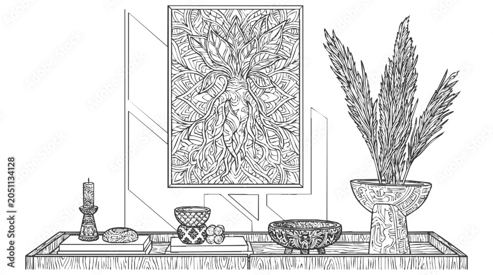 Fototapeta premium Hand-drawn line art of boho style interior decor with pampas grass and a botanical mandala coloring page for relaxation and mindfulness