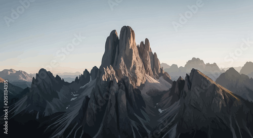 Bild auf Leinwand Towering rugged mountain peaks bathed in golden light.