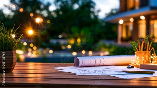 Elegant Outdoor Table Setting with Blueprint and Decorative Plants in Suburban Villa at Dusk