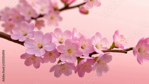 Slow zoom in shot of pink cherry blossom flowers blooming on a branch against a pink background
