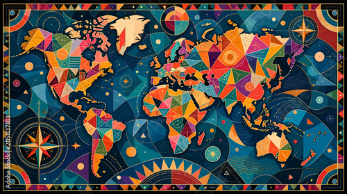 Fotografía Vibrant geometric world map with abstract colorful continents and navigational patterns on a dark blue background