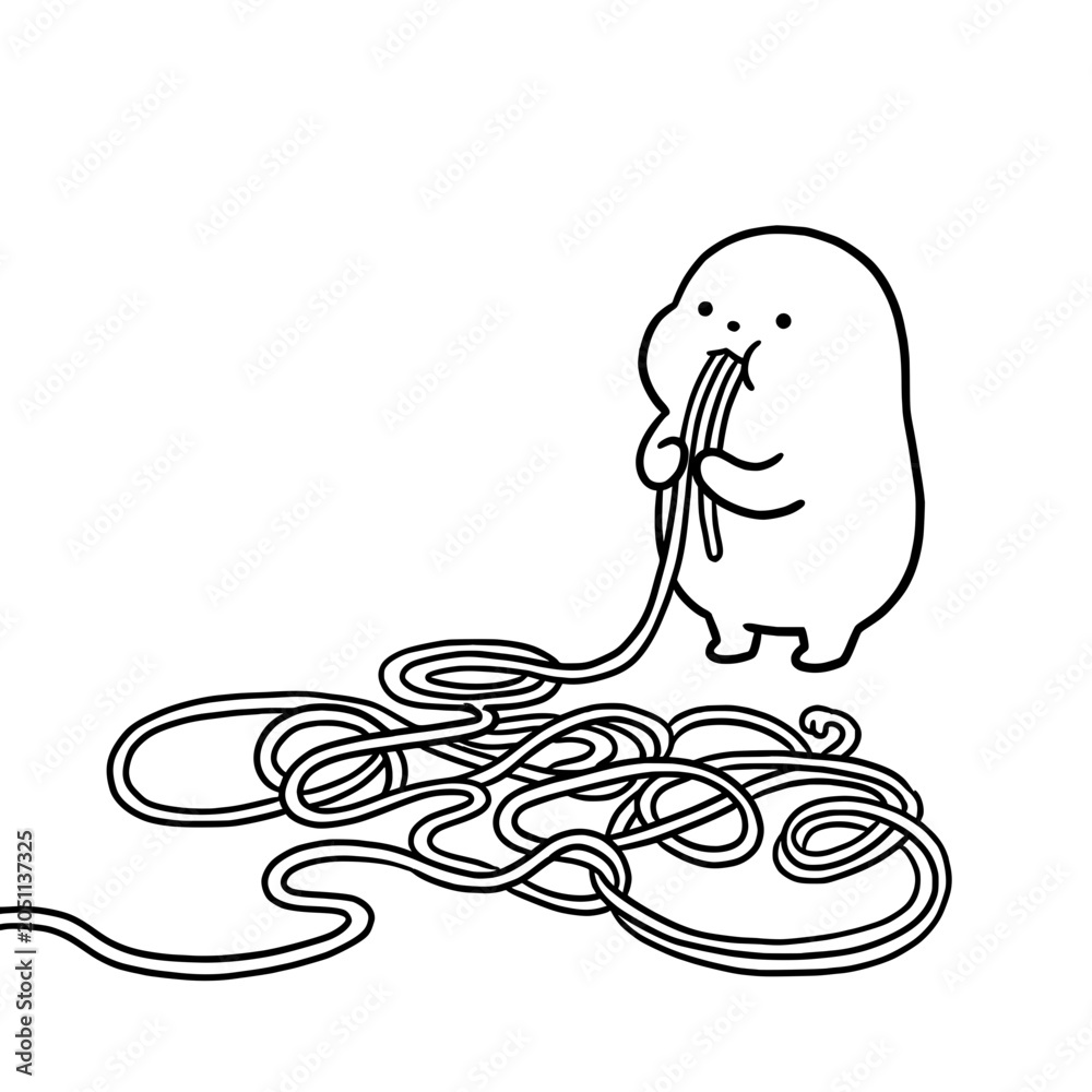 Obraz premium A lovable character eating spaghetti, depicting the joy of culinary experiences and the simple pleasure of food, while promoting the themes of comfort and satisfaction.