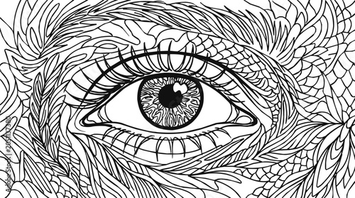 Intricate eye zentangle pattern for adult coloring page featuring surreal psychedelic line art and abstract floral details