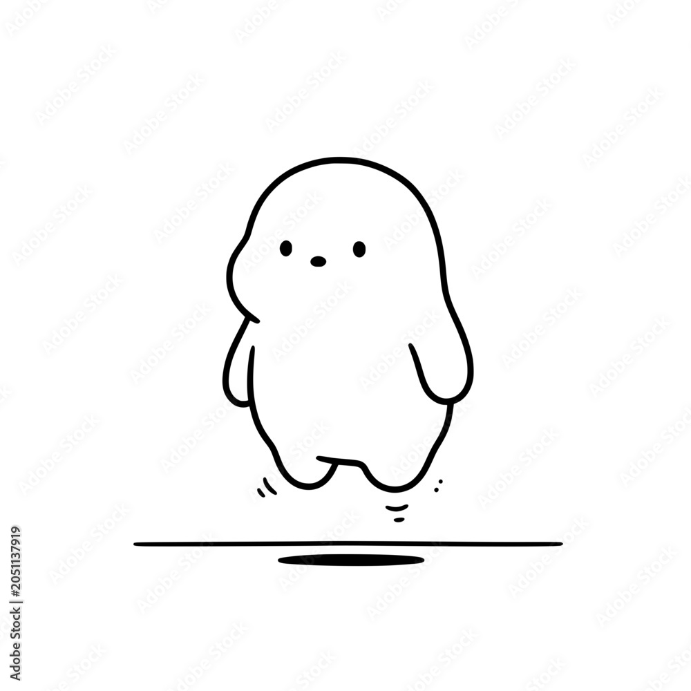 Fototapeta premium A rounded character is caught in mid-air with a joyful bounce, portraying a sense of playful energy and carefree movement that resonates with fun and happiness.