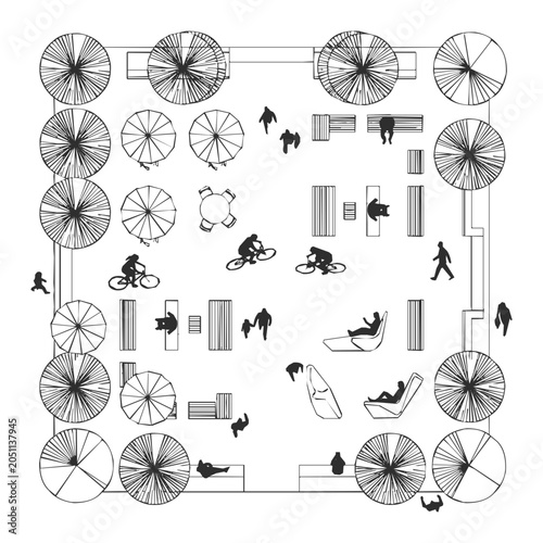 Detailed architectural site plan of a vibrant public square featuring professional landscape design for a modern urban park in a top view perspective.