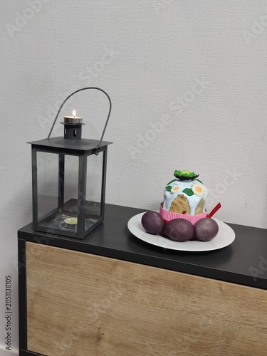 Easter eggs. painted Easter eggs. painted Easter eggs with kulich on a white plate