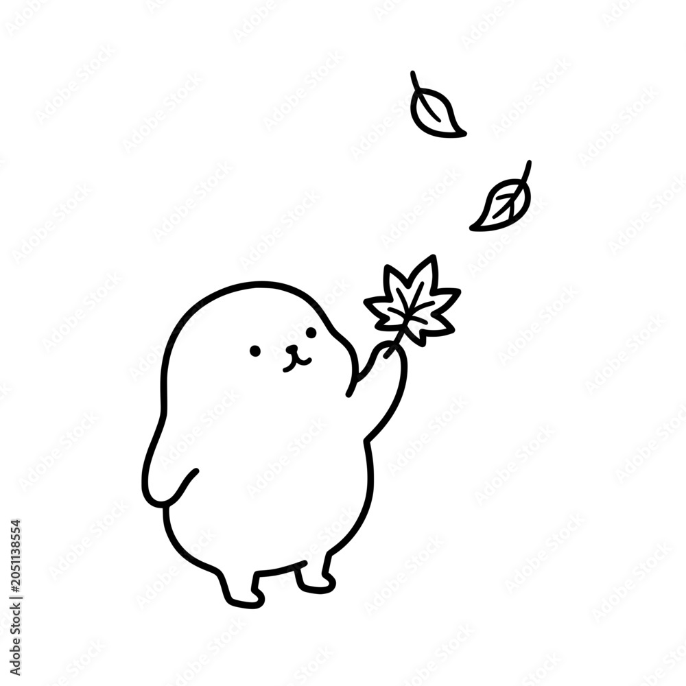 Fototapeta premium An endearing character holding a leaf, surrounded by falling leaves, symbolizing change and the beauty of nature's transitions in a lovely, minimalist illustration style.