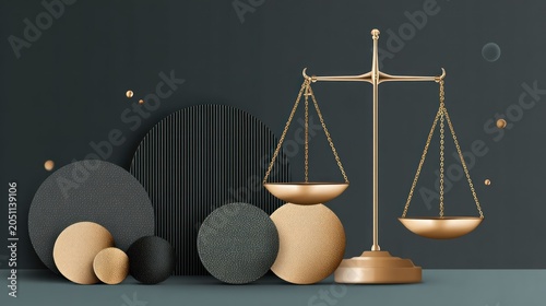 Golden scales of justice are centrally featured amidst abstract geometric shapes in a dark minimalist setting.