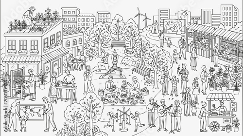Sustainable community urban lifestyle illustration of an eco-friendly smart city with rooftop gardens, wind turbines, and people in green public