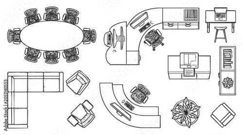 Comprehensive collection of office floor plan architectural symbols featuring furniture top view elements for workplace layout and interior design