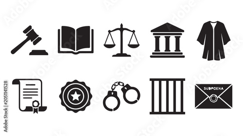Foto A collection of ten black legal and judicial featuring a gavel, law book, scales