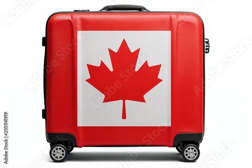 Red suitcase with Canadian flag design. Represents identity, freedom, and global exploration. Ideal for travel themes, patriotism, and national pride concepts.