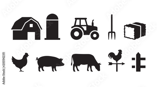 Photos Set of black farm and agriculture featuring a barn, silo, tractor, pitchfork, ha