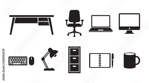 Fotografie Set of black office and workspace featuring a desk, swivel chair, laptop, comput
