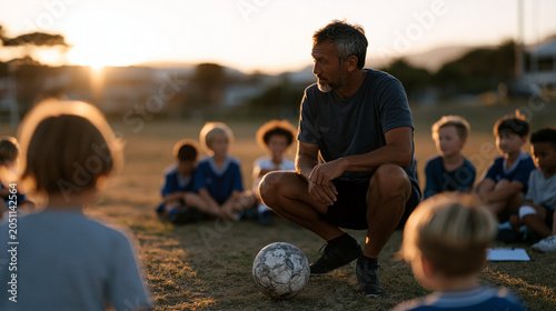 Retired professional footballer coaching children in a recreational field at golden hour, demonstrating a passing drill with one foot raised mid-motion, children watching intently