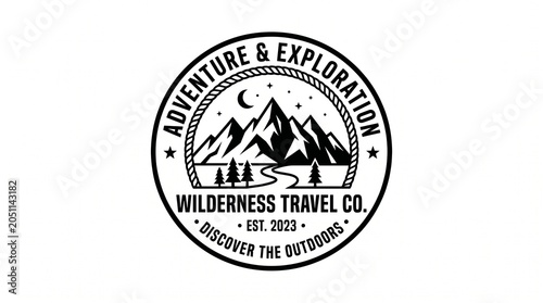 Black and white wilderness travel logo badge template featuring mountain landscape