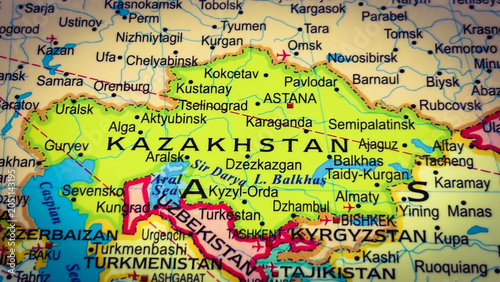 Slika na platnu Closeup of a map of kazakhstan and surrounding central asian countries with city