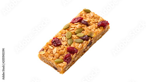 Schilderij op canvas Delicious crunchy organic granola berry cereal bar snack breakfast isolated on t