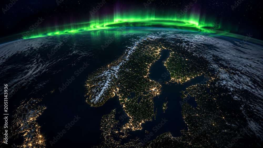 Fototapeta premium Ultra realistic orbital view of Sweden at night with vivid aurora borealis above Scandinavia, glowing atmosphere, dark forests and realistic Earth observation photography.