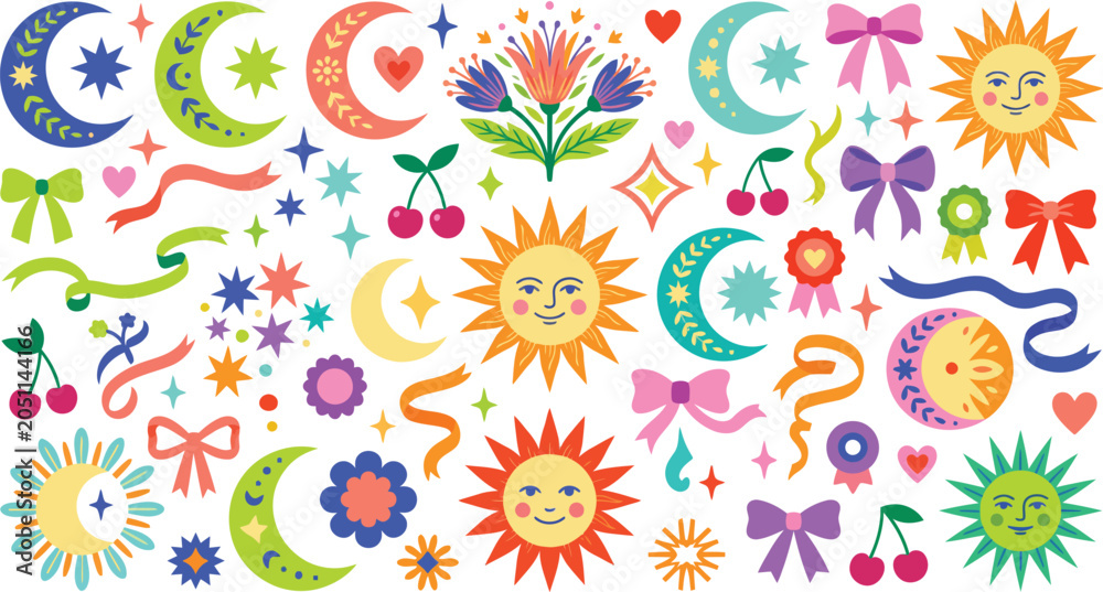 Naklejka premium A vibrant collection of whimsical hand drawn celestial elements including smiling suns crescent moons colorful bows cherries and decorative floral motifs on a white background