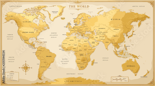 фотографія A vintage-style world map in sepia tones, showcasing continents, countries, oceans, and geographical features with clear labels and a compass rose