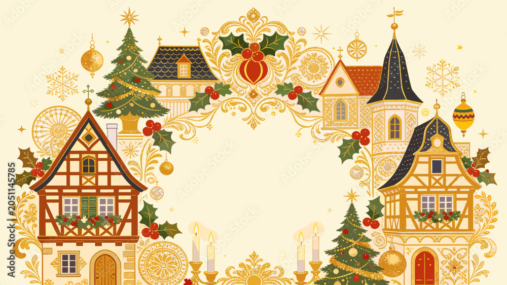 Naklejka premium Ornate Christmas village wreath with traditional European houses, festive trees, holly, and golden decorations on a light background.