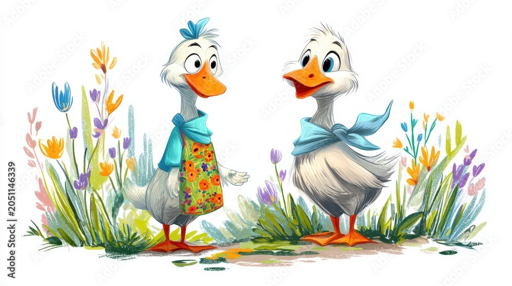 Naklejka premium Cheerful Duck Pair Wildflower Garden Whimsical Hand Painted Storybook Illustration Children Greeting Card