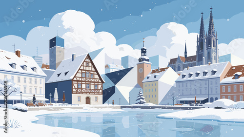 Canvastavla A picturesque winter scene of a European town with snow-covered buildings, a frozen river, and a clear blue sky