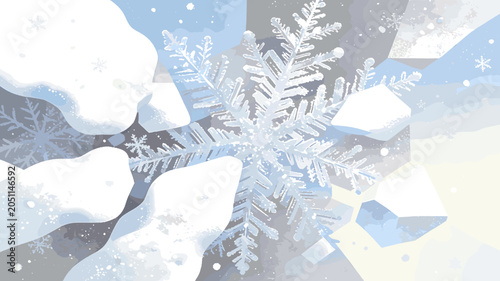Canvastavla A close-up, detailed illustration of a large, intricate snowflake surrounded by soft snowdrifts and falling flakes in a serene winter scene