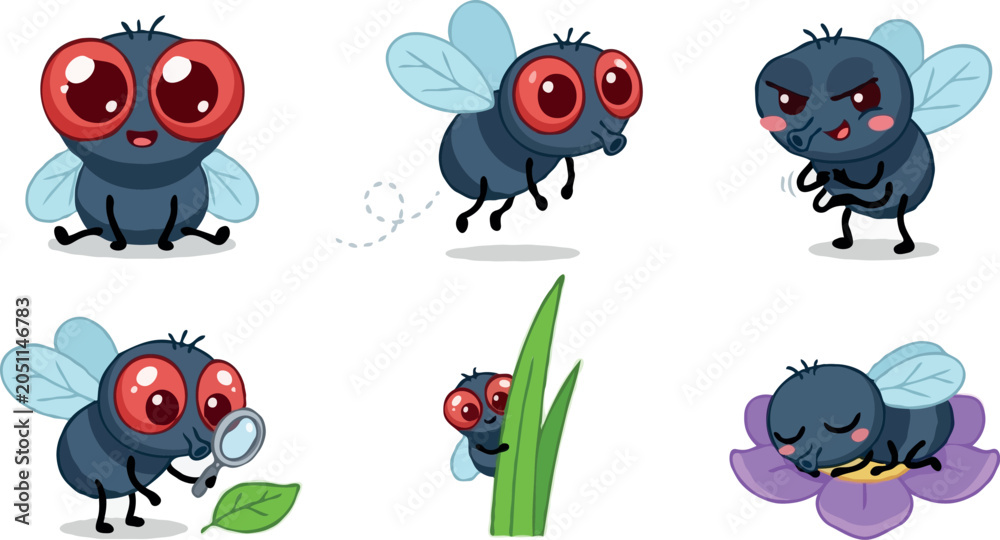 Fototapeta premium Cute cartoon housefly character collection with different poses including flying sleeping on flower looking through magnifying glass and hiding for bug designs