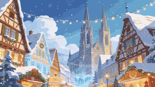 Canvas-taulu A picturesque snow-covered European town street adorned with festive lights and traditional half-timbered houses, leading to a grand cathedral under a winter sky