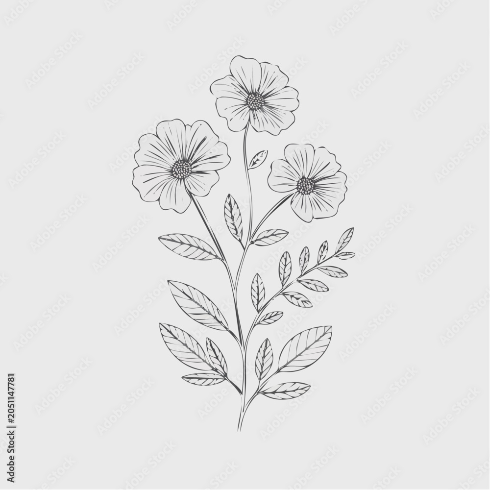 Obraz premium A delicate hand-drawn line art illustration of a small bouquet of three wildflowers.