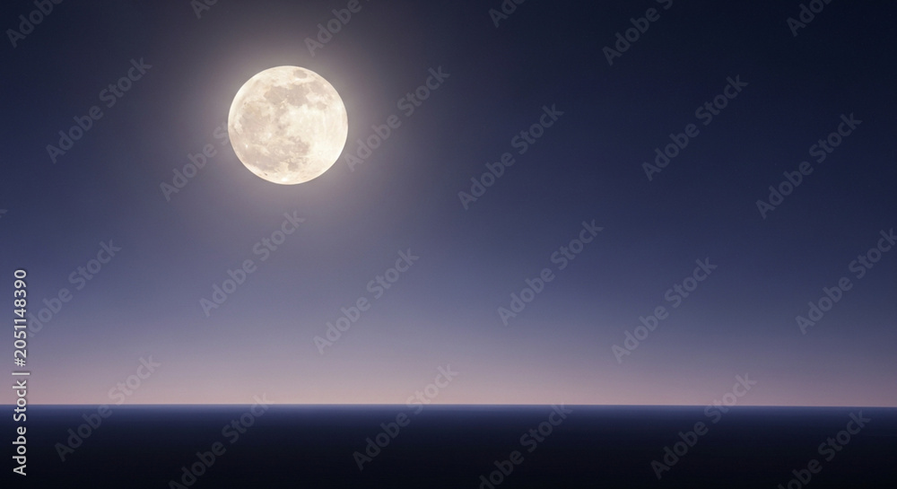 Fototapeta premium Full Moon Glowing Bright Over The Dark Calm Horizon Of A Peaceful Ocean At Midnight