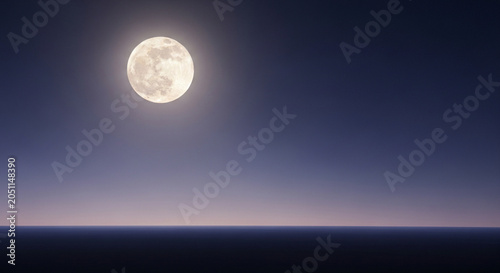 Full Moon Glowing Bright Over The Dark Calm Horizon Of A Peaceful Ocean At Midnight
