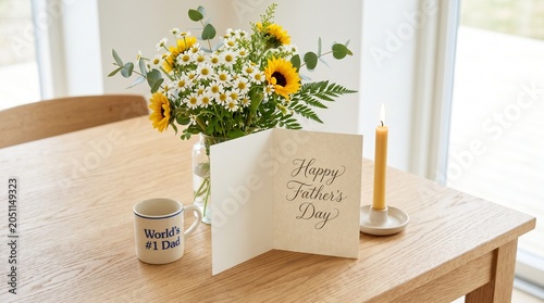 Father's day card and coffee mug on a wooden table with flowers and candle.